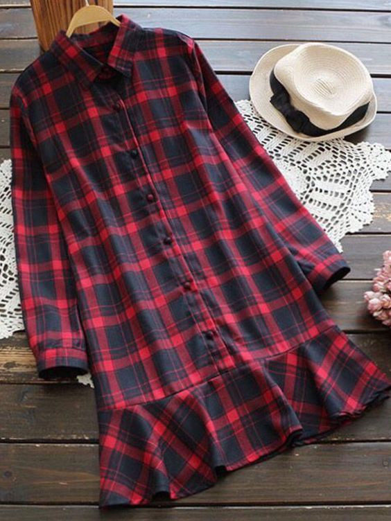 Women's Plus Size Plaid Dress Irregular Hem Long Sleeve Button Down Casual Shirt Dress