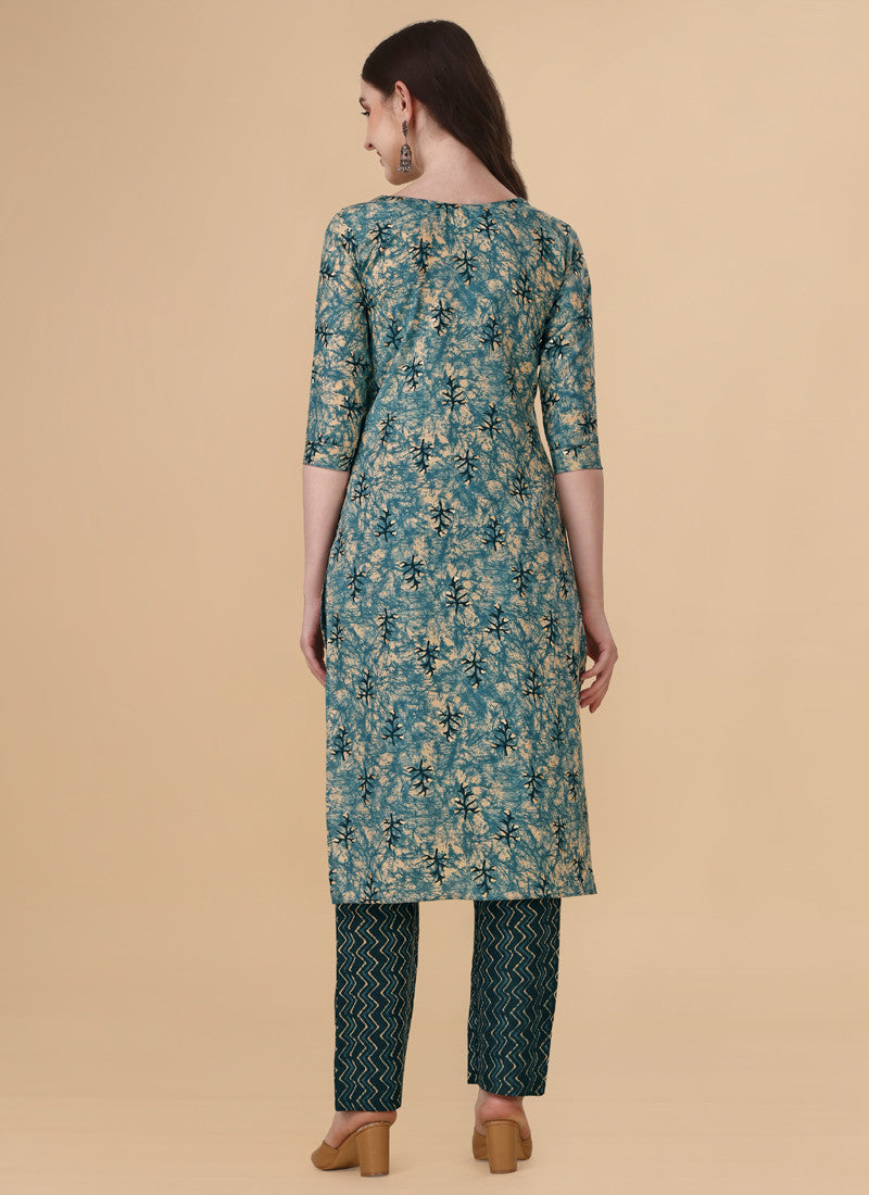 Turquoise Cotton Plain Casual Party Wear Pant Suit