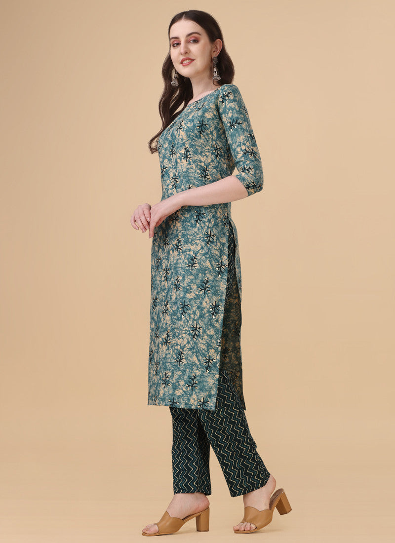 Turquoise Cotton Plain Casual Party Wear Pant Suit