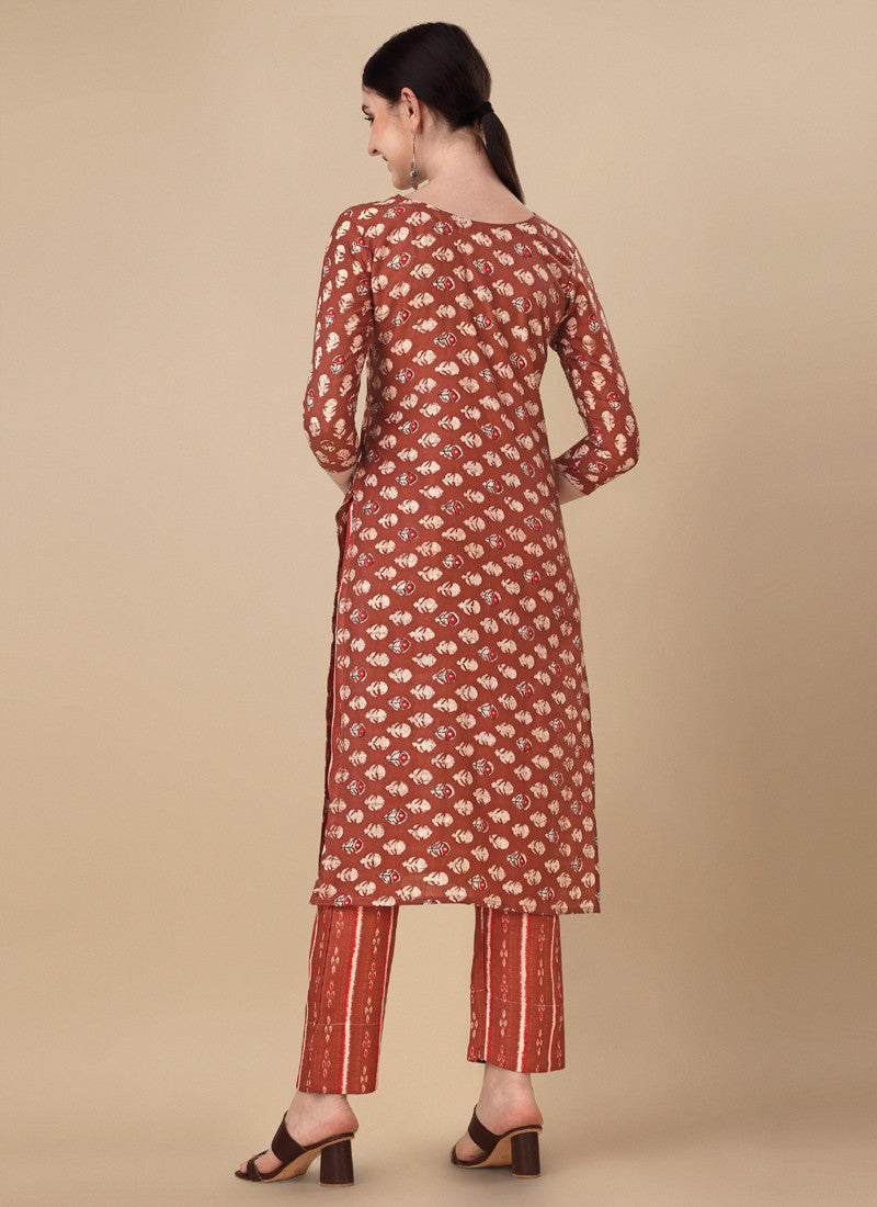 Orange Cotton Plain Casual Party Wear Pant Suit