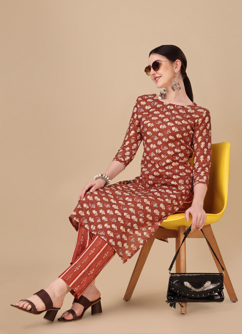 Orange Cotton Plain Casual Party Wear Pant Suit