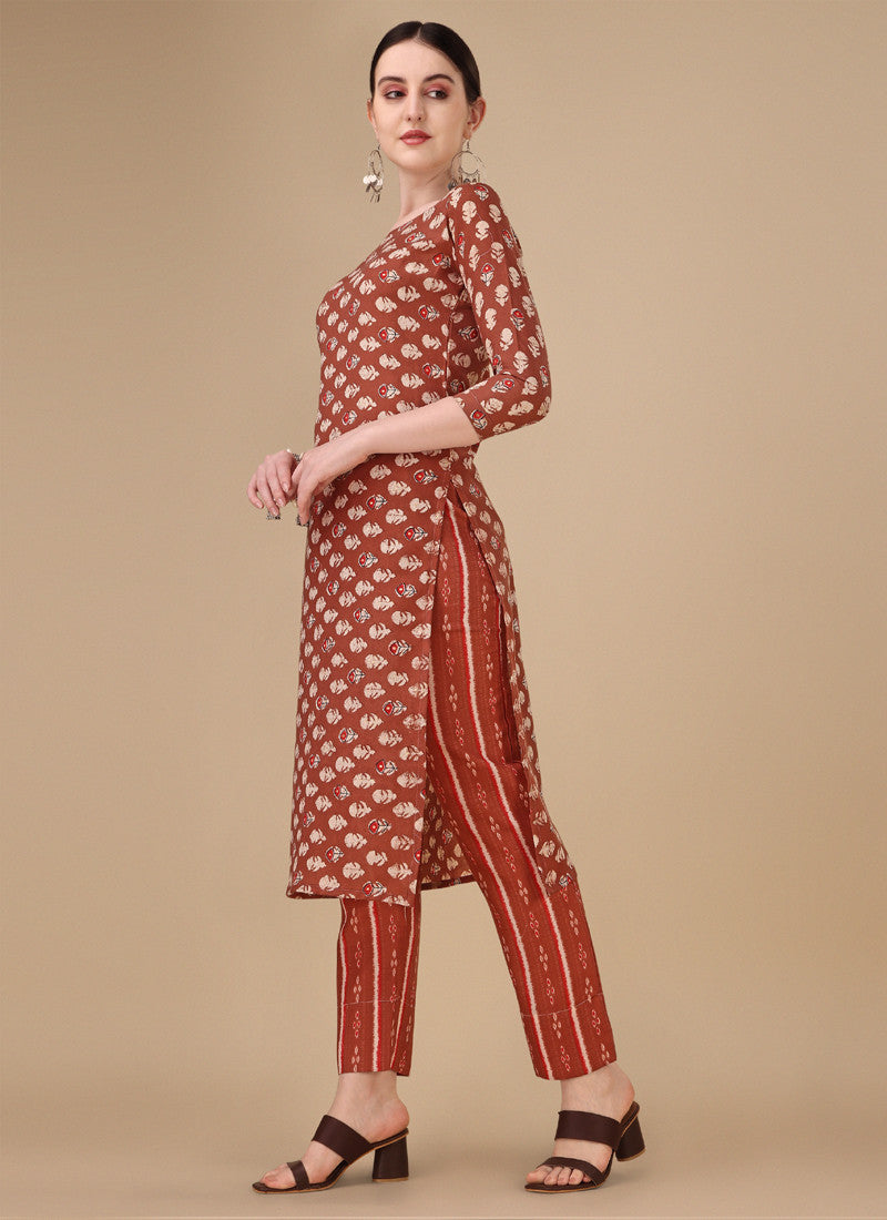 Orange Cotton Plain Casual Party Wear Pant Suit