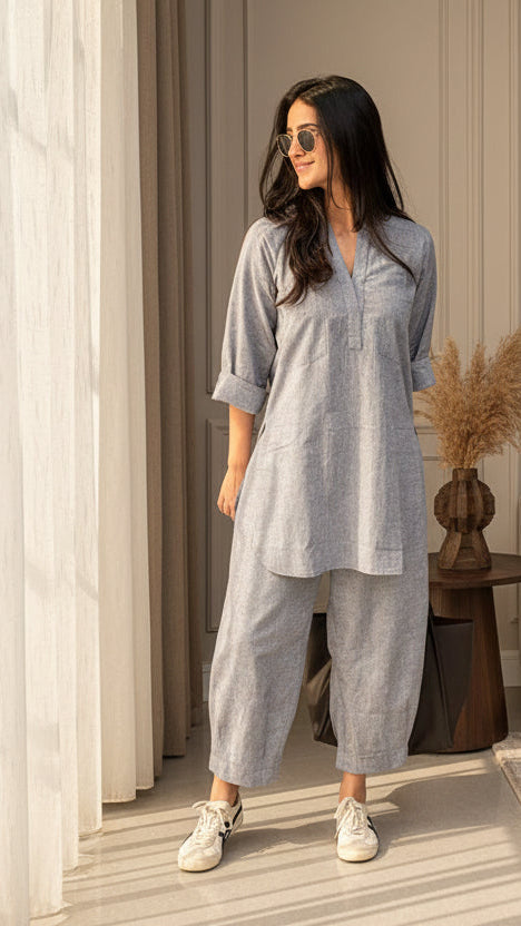 ELEZiO Ash Grey Relaxed Linen Co-Ord Set