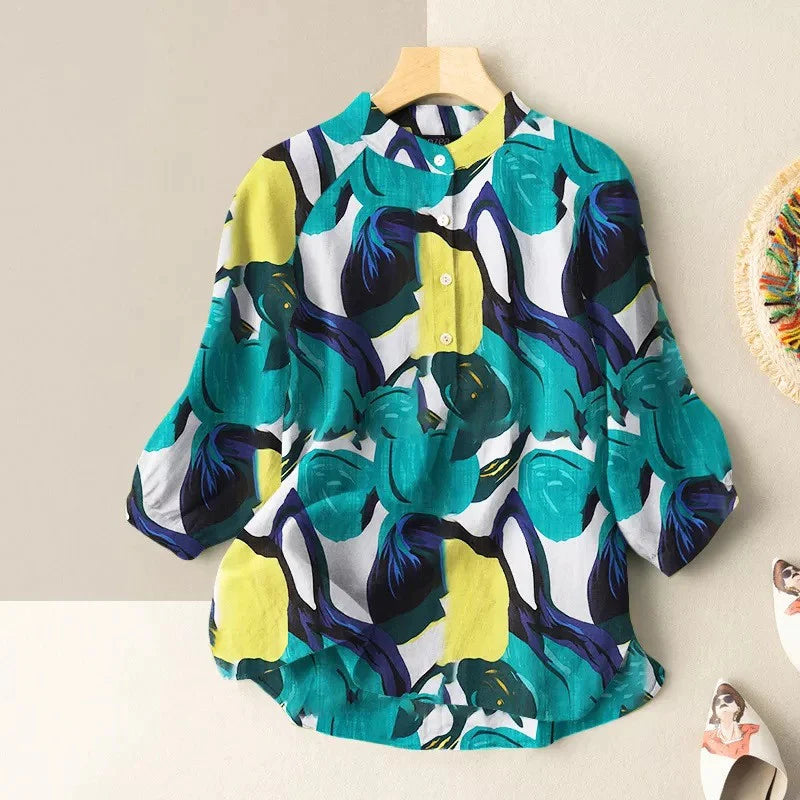 Abstract Print Lantern Sleeve Mandarin Collar Blouse