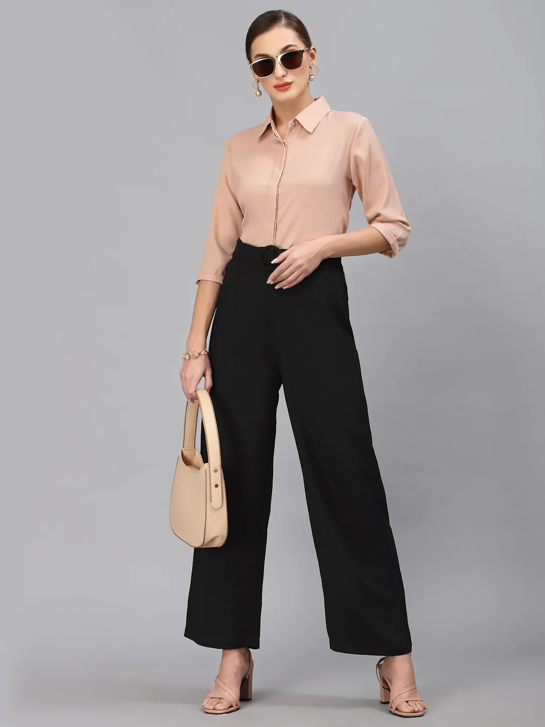 Style Quotient Women Solid Nude Poly Moss Regular Formal Shirt