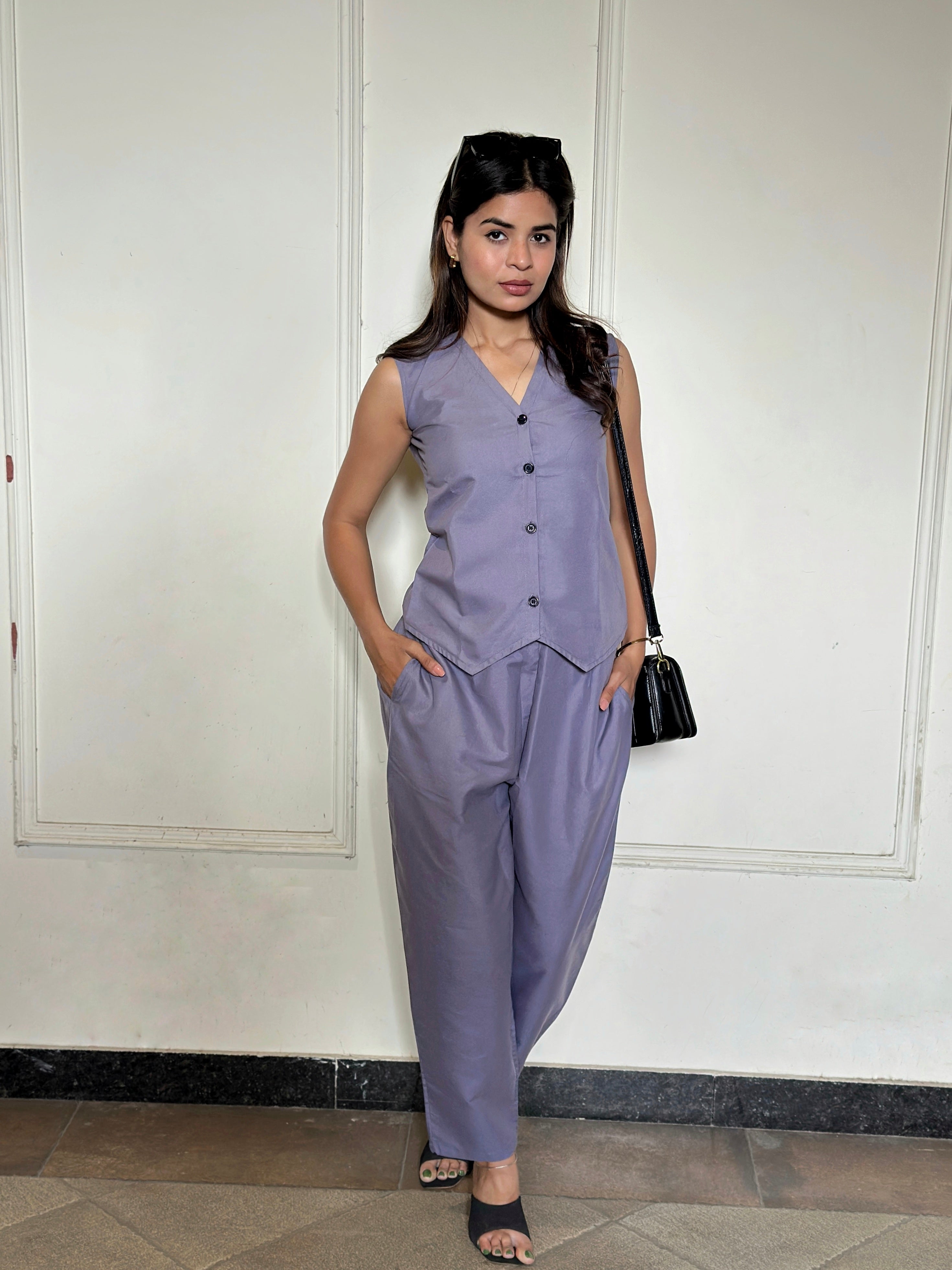 Women Sleeveless Blazer Top And Pants Casual Set