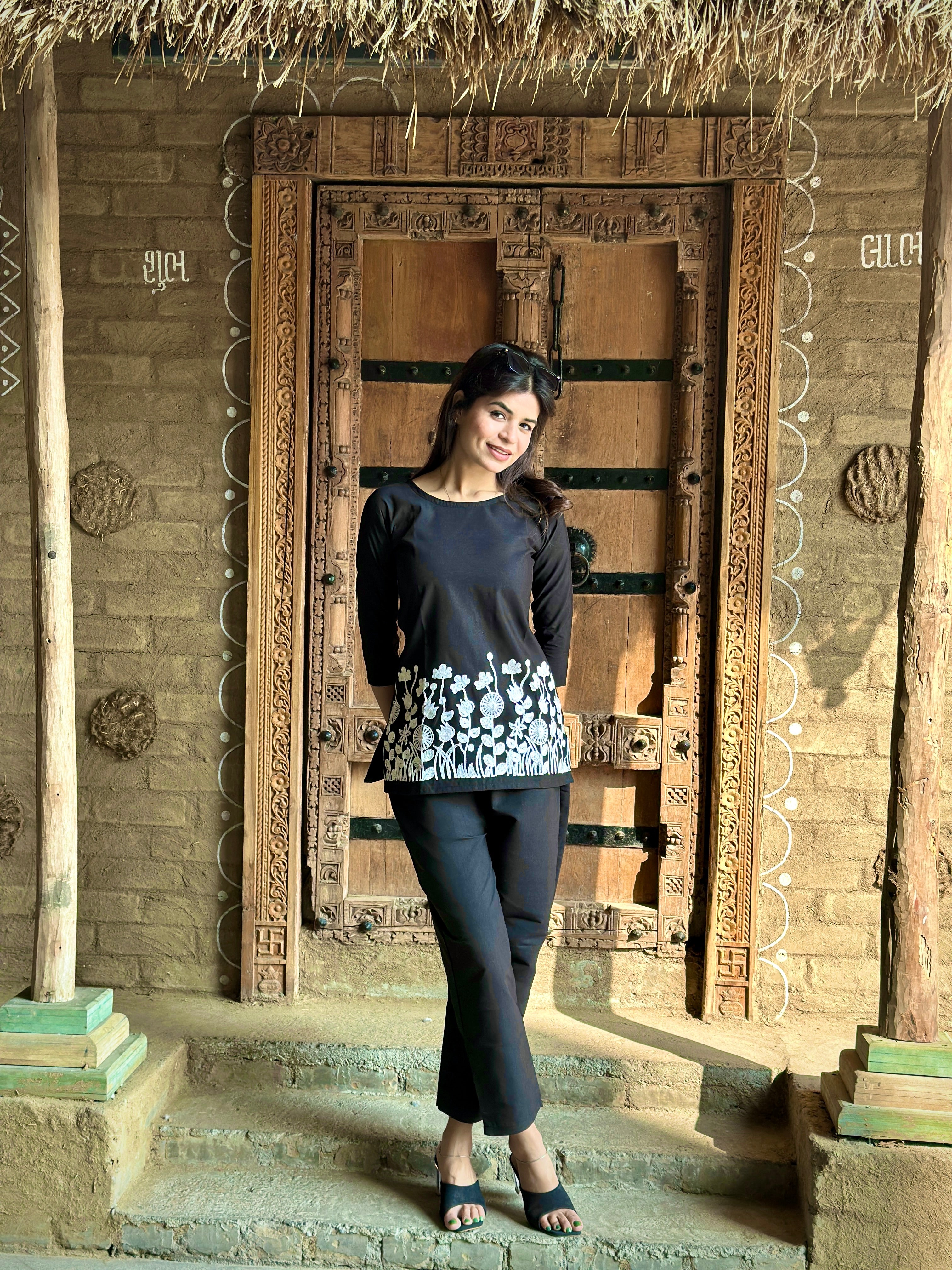 Black Floral Embroidered Thread Work Co-Ords