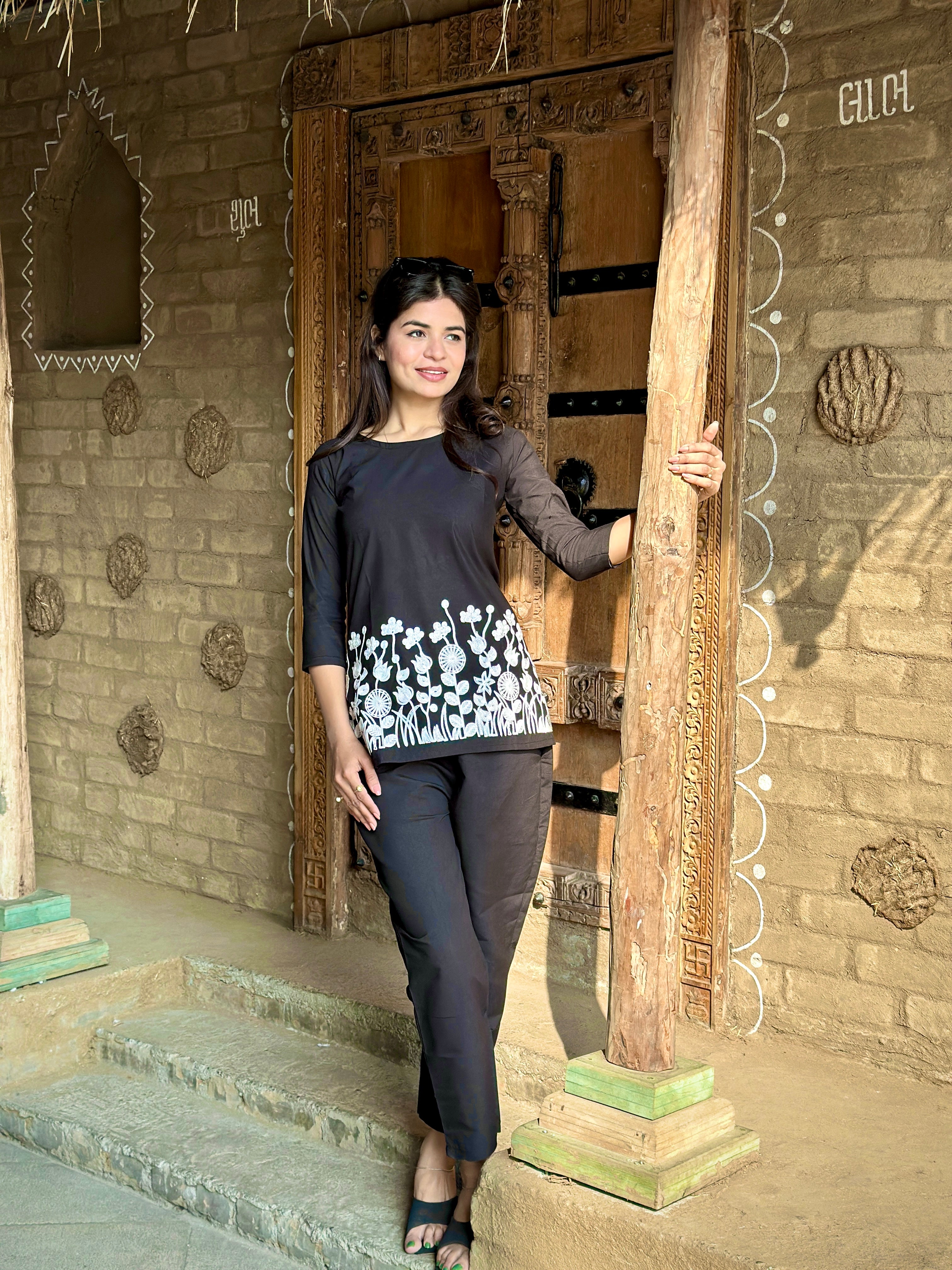 Black Floral Embroidered Thread Work Co-Ords