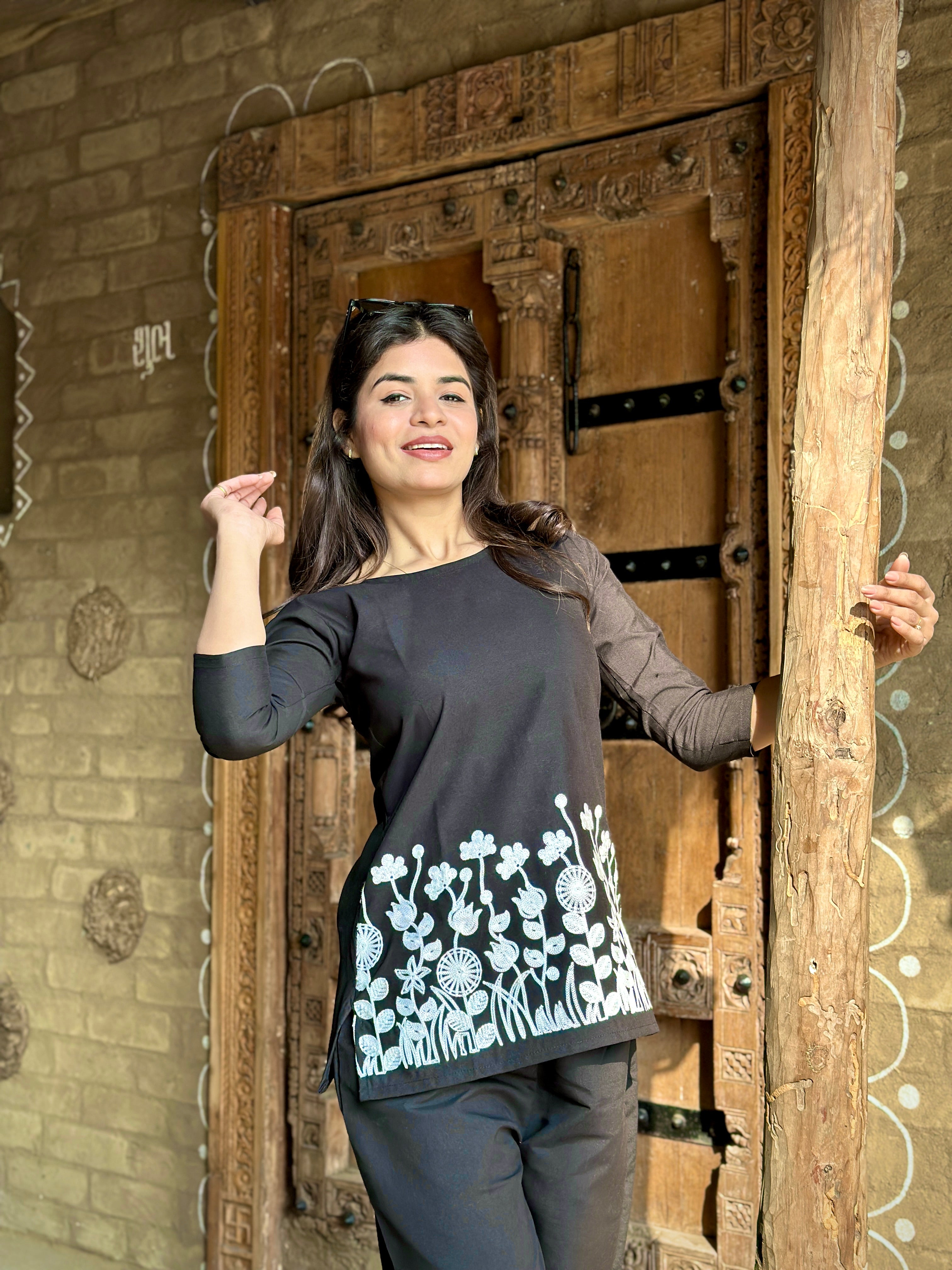 Black Floral Embroidered Thread Work Co-Ords
