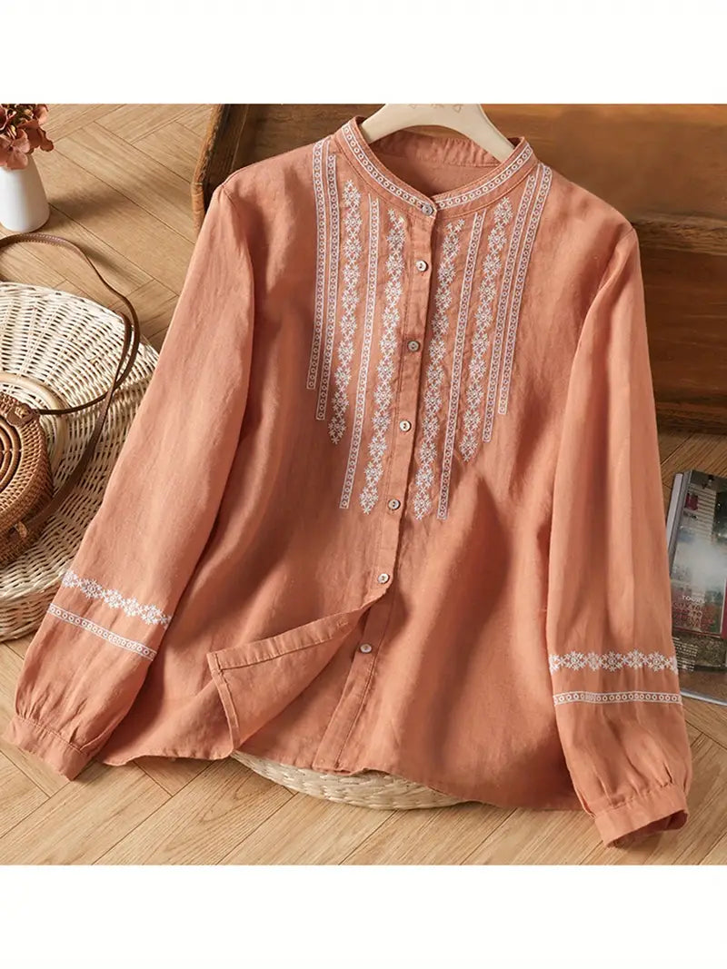 Womens Tops Vintage Floral Embroidery Long Sleeve Round Neck Button-Up Shirt Casual Top