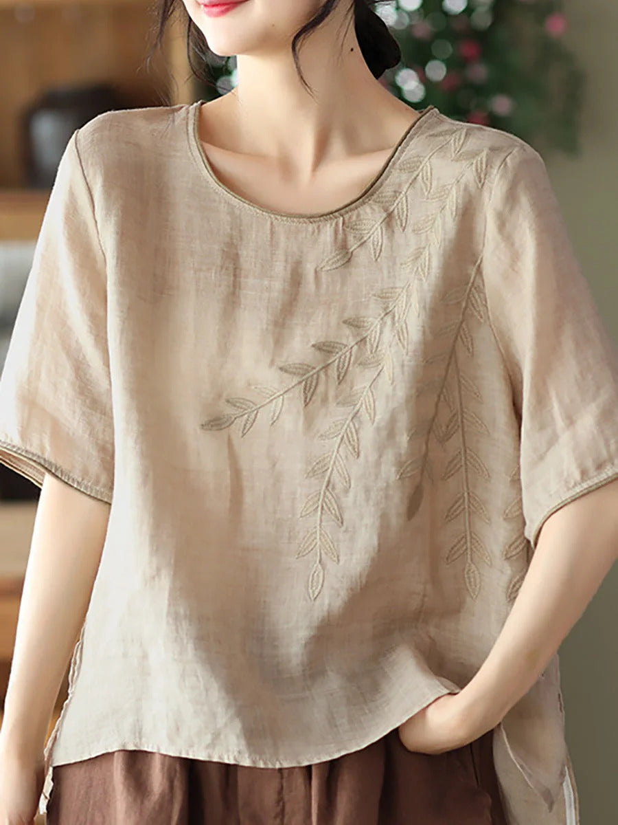 Women Retro Leaf Embroidery Loose Ramie Tunic