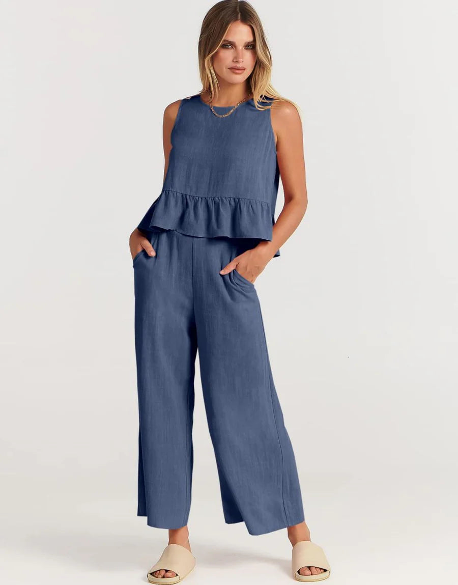 RUFFLE CROP TOP & WIDE LEG PANTS SET