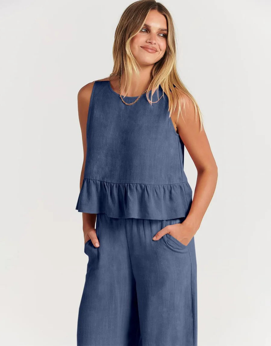 RUFFLE CROP TOP & WIDE LEG PANTS SET