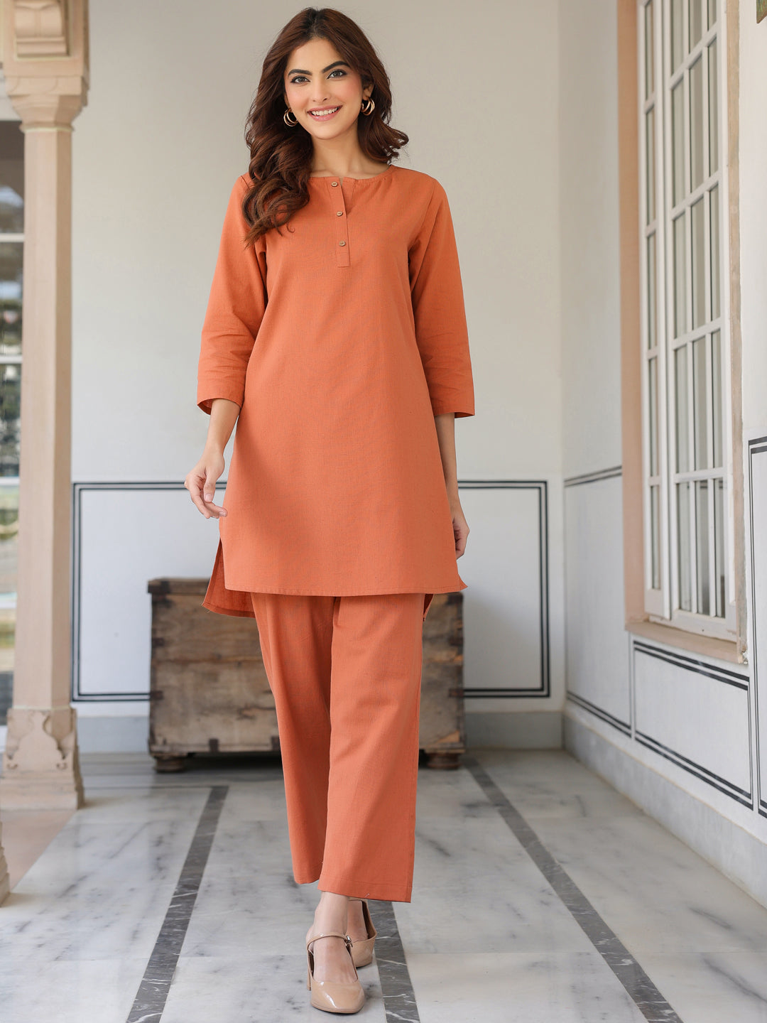 Orange Cotton Solid A-line Co-ords Set