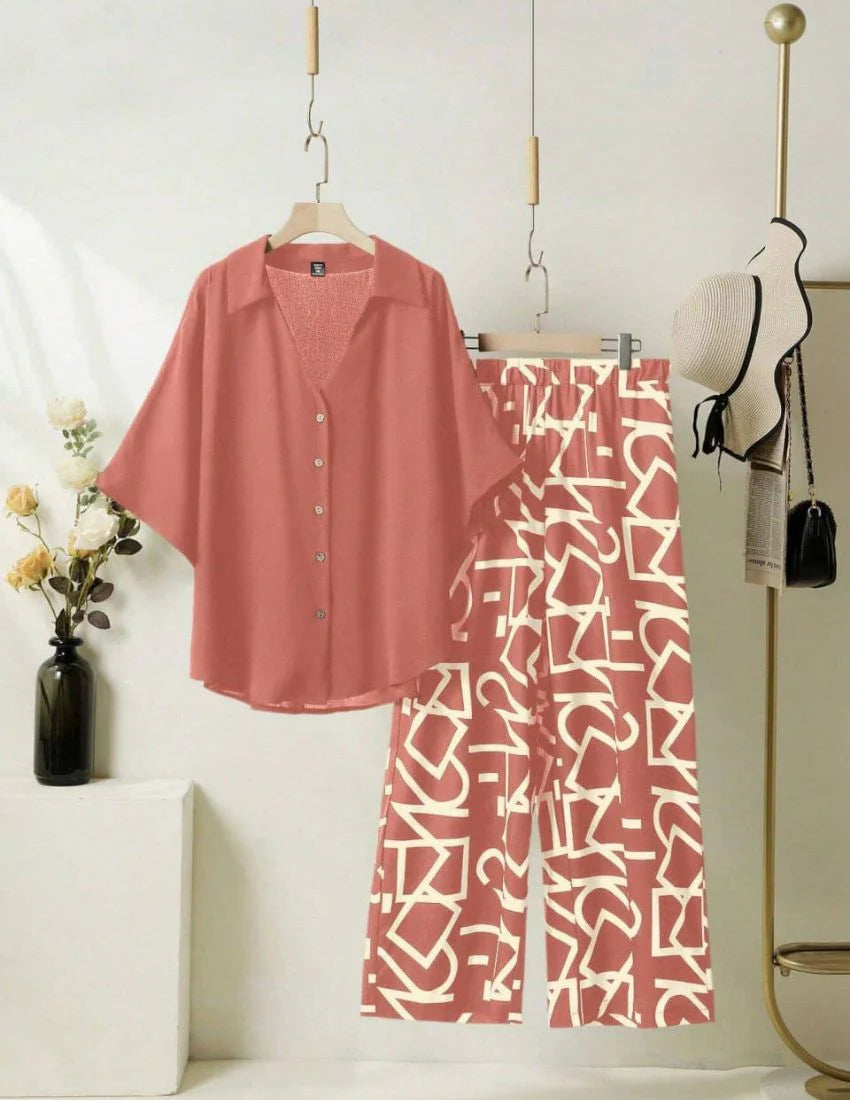 Women Top And Printed Pants Two-Piece Set