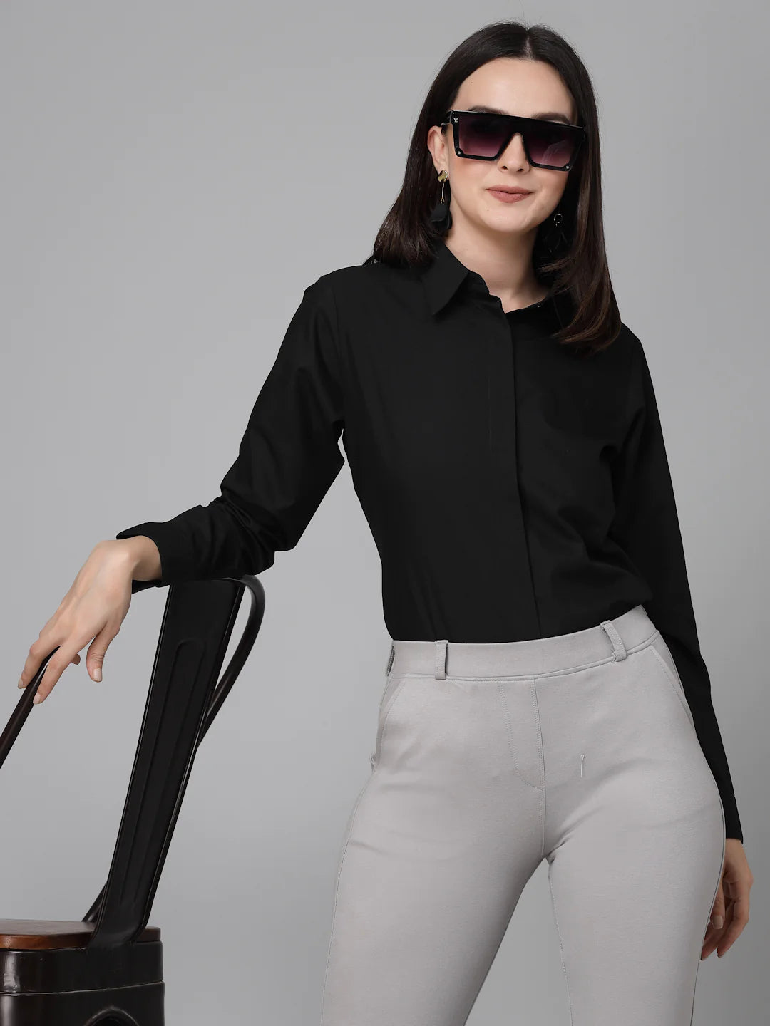 Style Quotient Women Black Cotton Blend Formal Long Sleeve Shirt