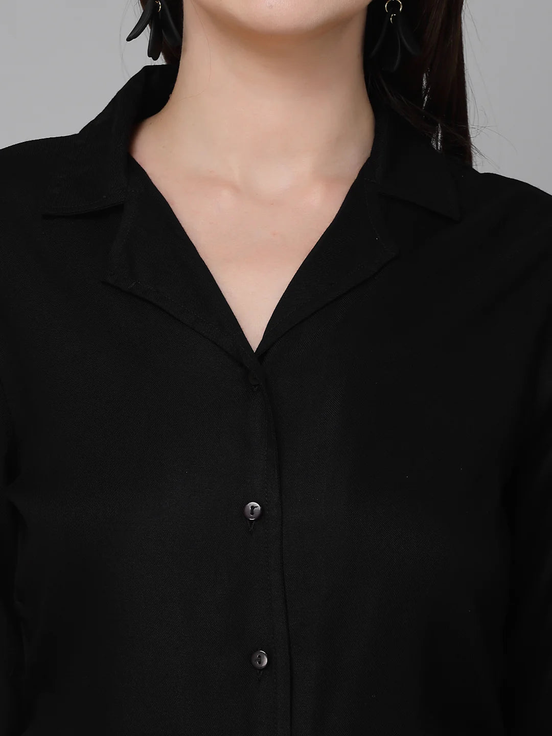 Style Quotient Women Solid Black Poly Crepe Formal Shirt