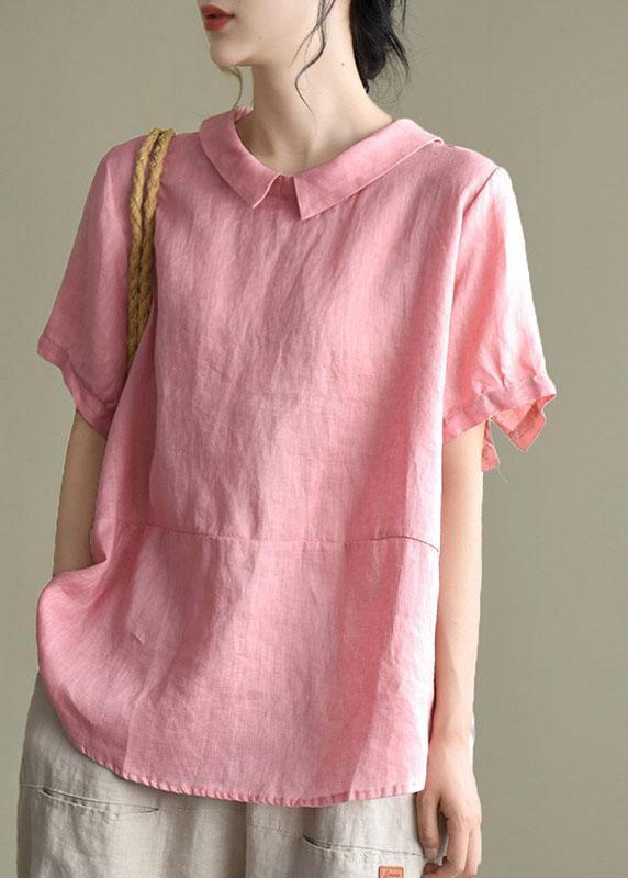 Women Short Sleeve Round Neck Tops Solid Cotton Button Up Shirts Tunic