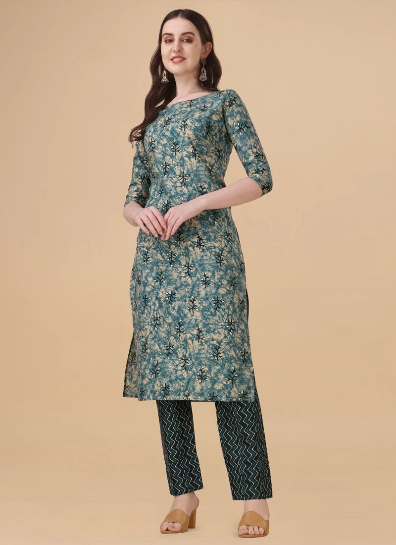 Turquoise Cotton Plain Casual Party Wear Pant Suit