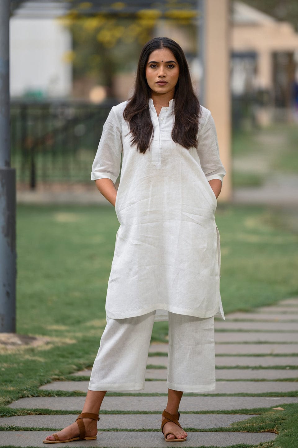 WHITE PLAIN COTTON A LINE KURTI WITH PLAZO COORD SET