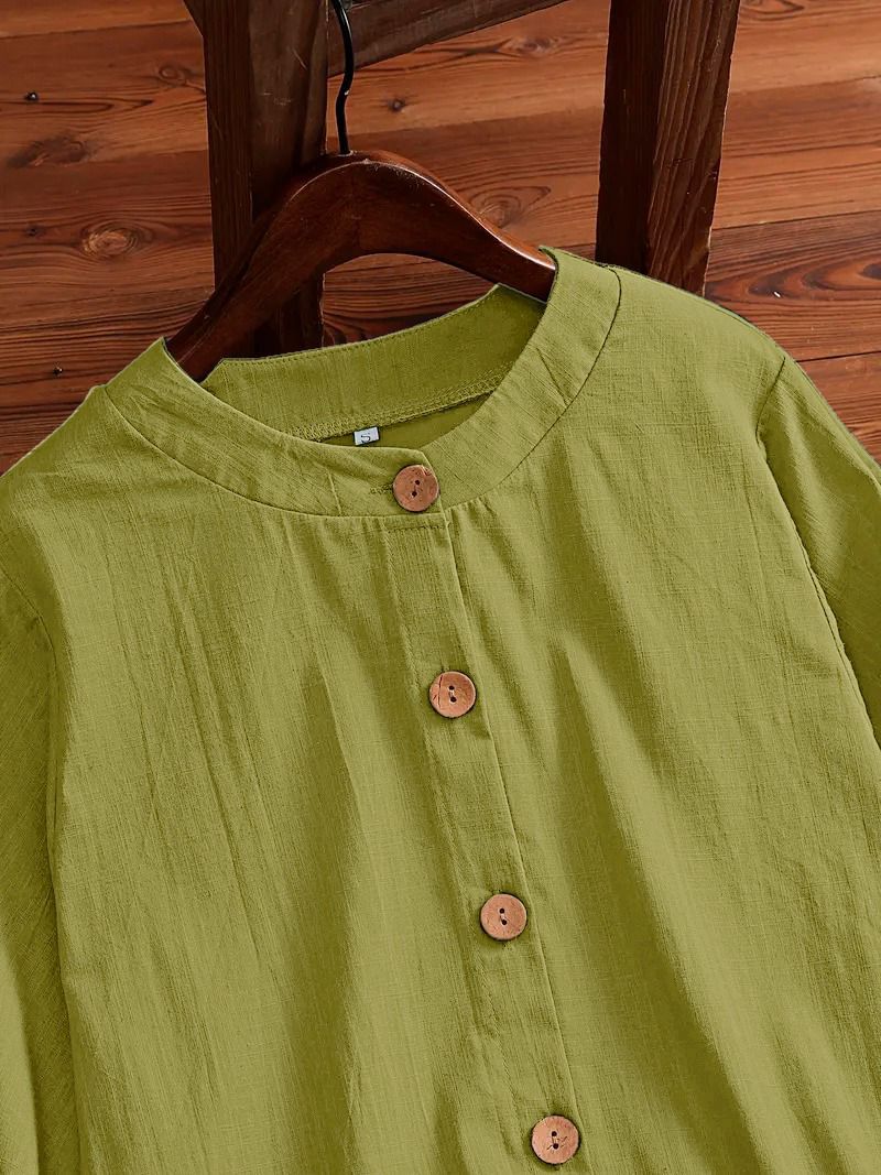 Women Plain Tops Ladies Casual Cotton 3/4 Sleeve Solid Button Shirt