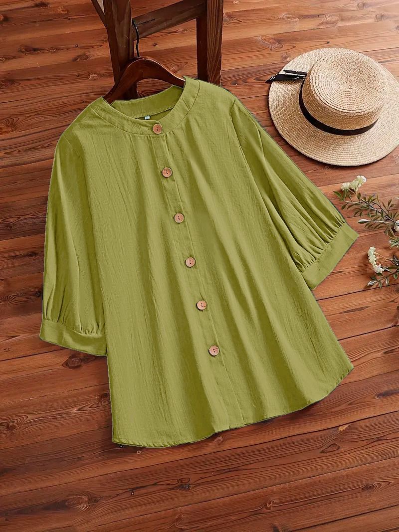 Women Plain Tops Ladies Casual Cotton 3/4 Sleeve Solid Button Shirt