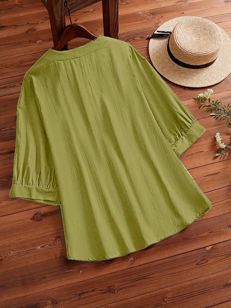 Women Plain Tops Ladies Casual Cotton 3/4 Sleeve Solid Button Shirt