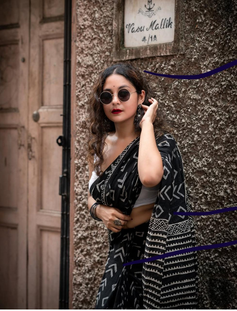 Hand Block Print Geometry design Black & White Mul Cotton Saree