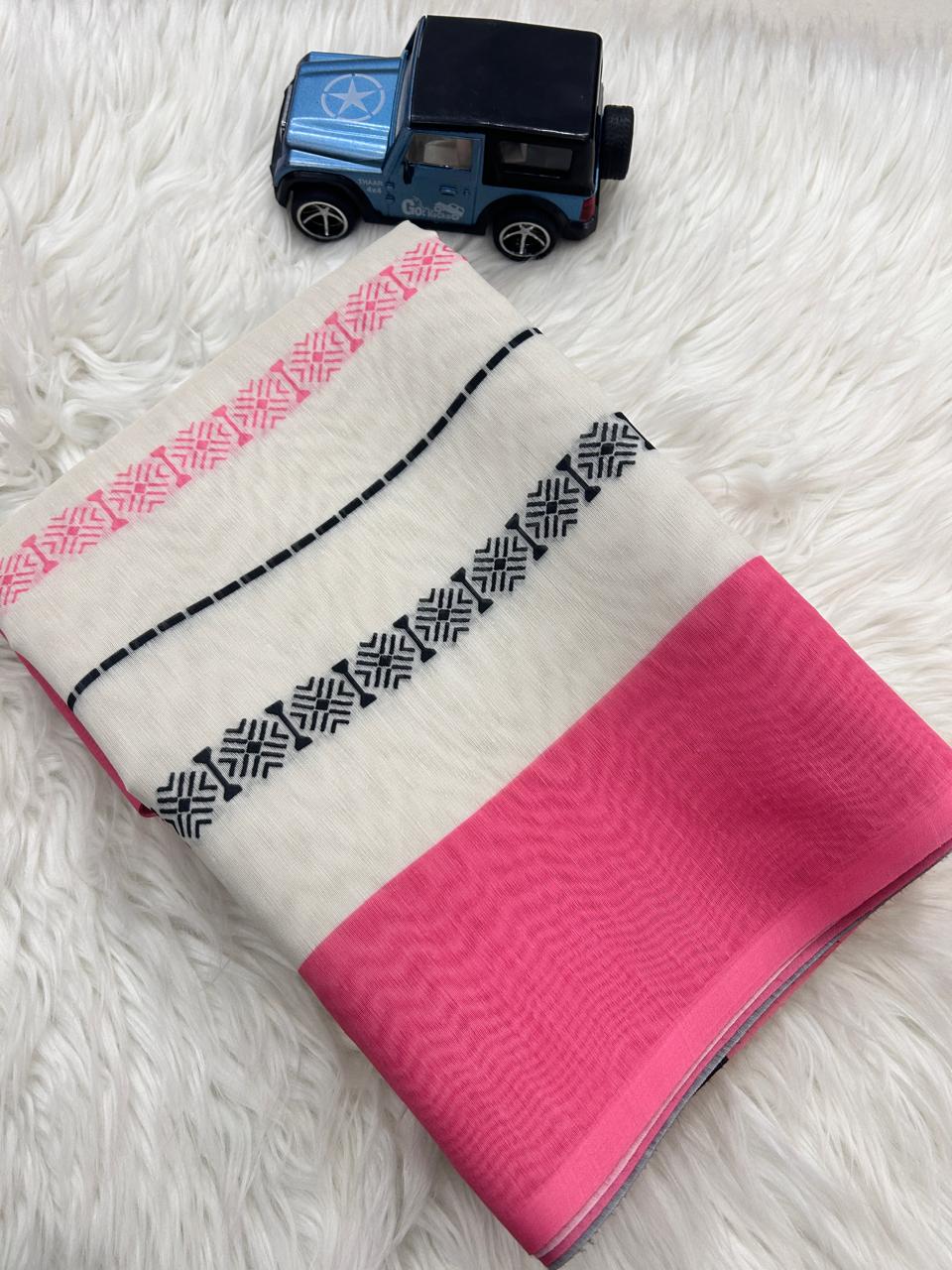 Elegant Handwoven Cotton Saree in White with Pink & Black Stripes