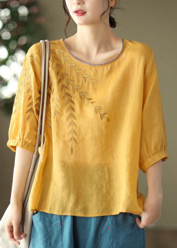 Women Retro Leaf Embroidery Loose Ramie Tunic