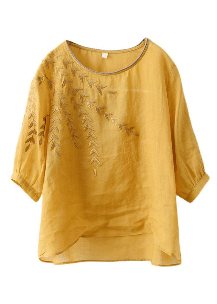 Women Retro Leaf Embroidery Loose Ramie Tunic