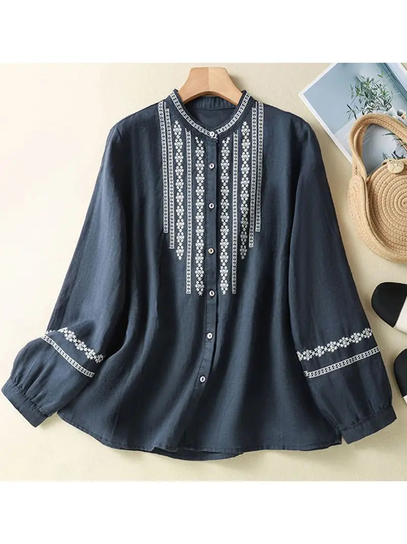Womens Tops Vintage Floral Embroidery Long Sleeve Round Neck Button-Up Shirt Casual Top