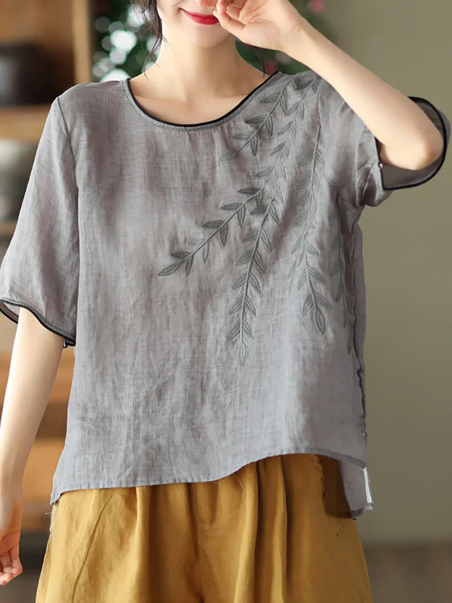 Women Retro Leaf Embroidery Loose Ramie Tunic