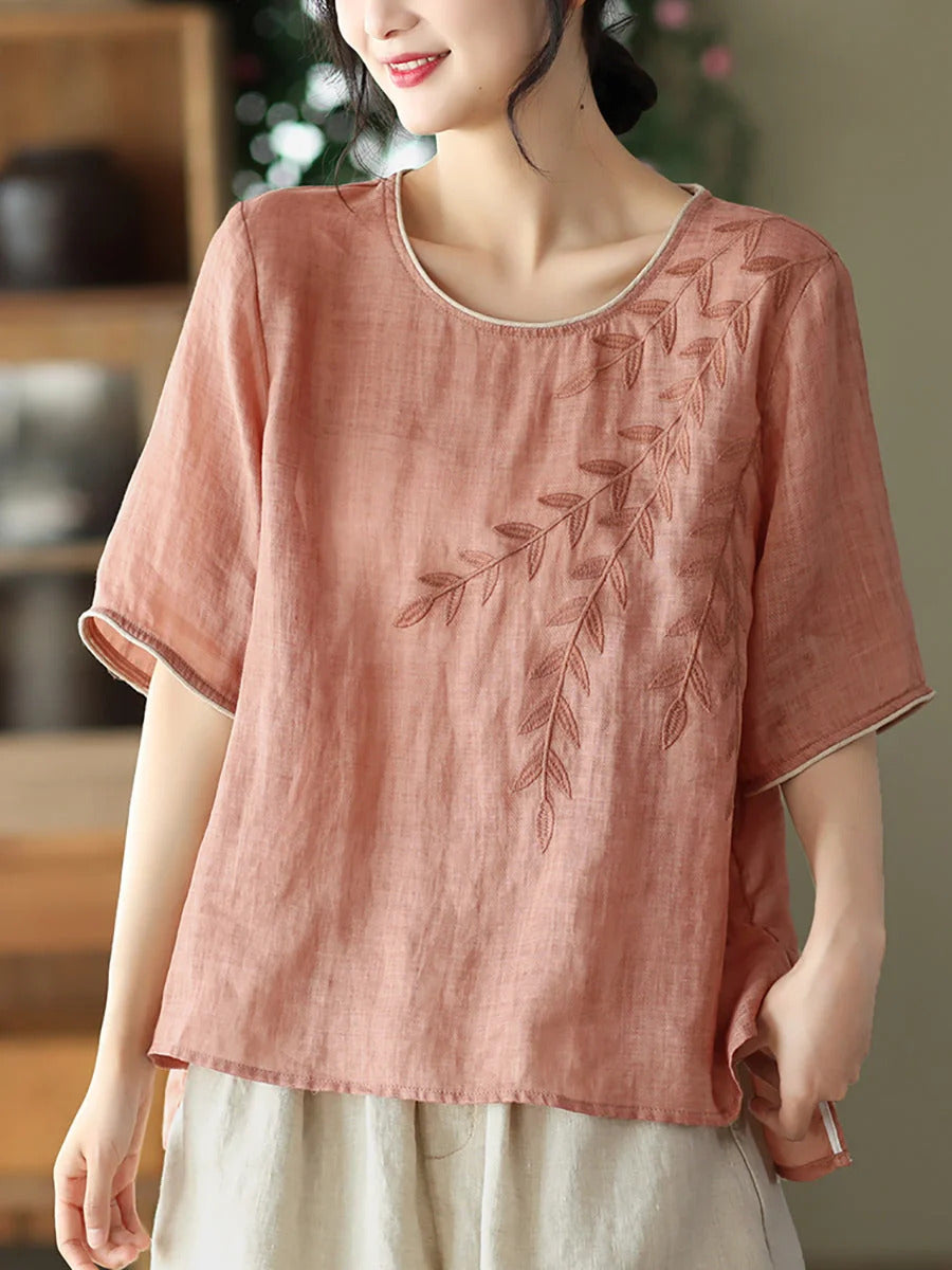Women Retro Leaf Embroidery Loose Ramie Tunic
