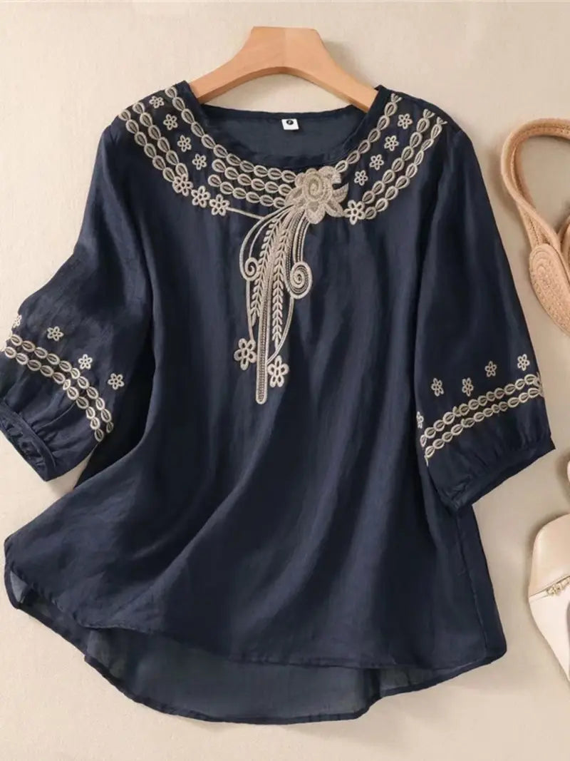 Womens Tops Vintage Floral Embroidery Long Sleeve Top