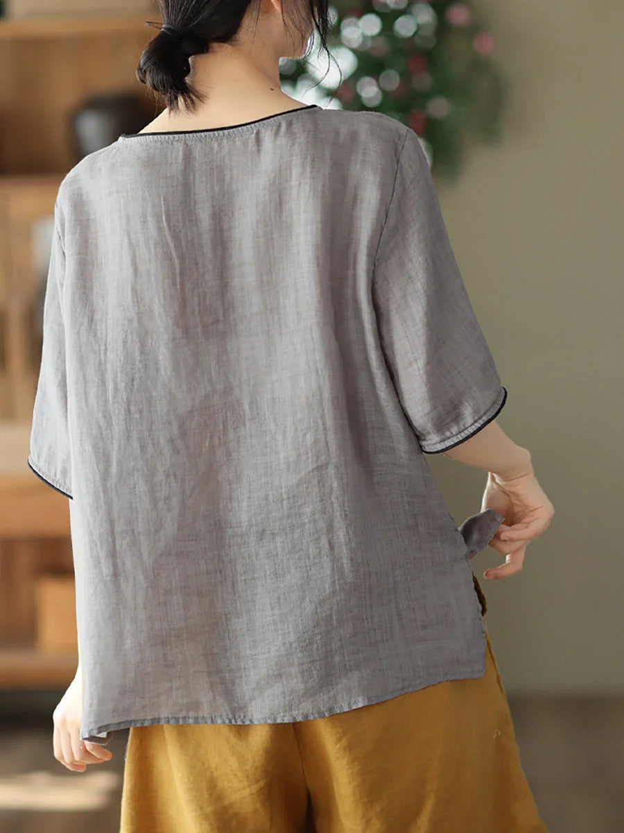 Women Retro Leaf Embroidery Loose Ramie Tunic