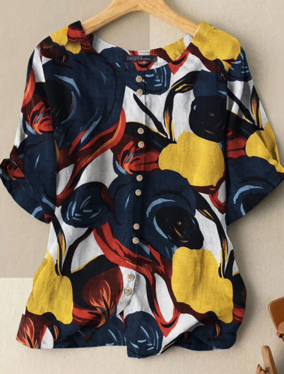 Floral Print Lettuce Trim Neck Button Front Blouse