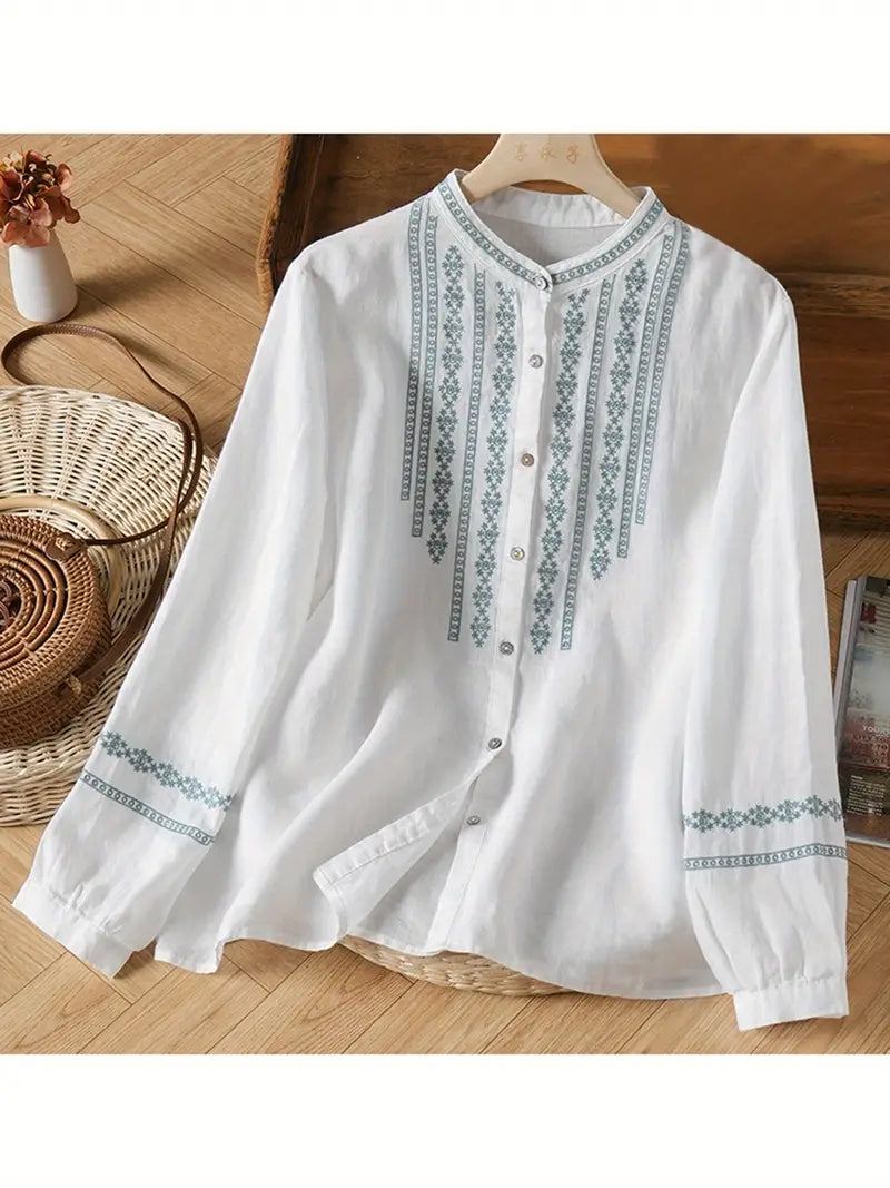 Womens Tops Vintage Floral Embroidery Long Sleeve Round Neck Button-Up Shirt Casual Top