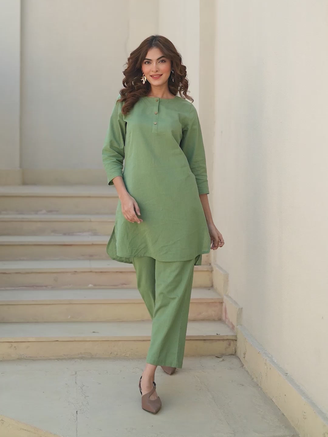 Green Cotton Solid A-line Co-ords Set