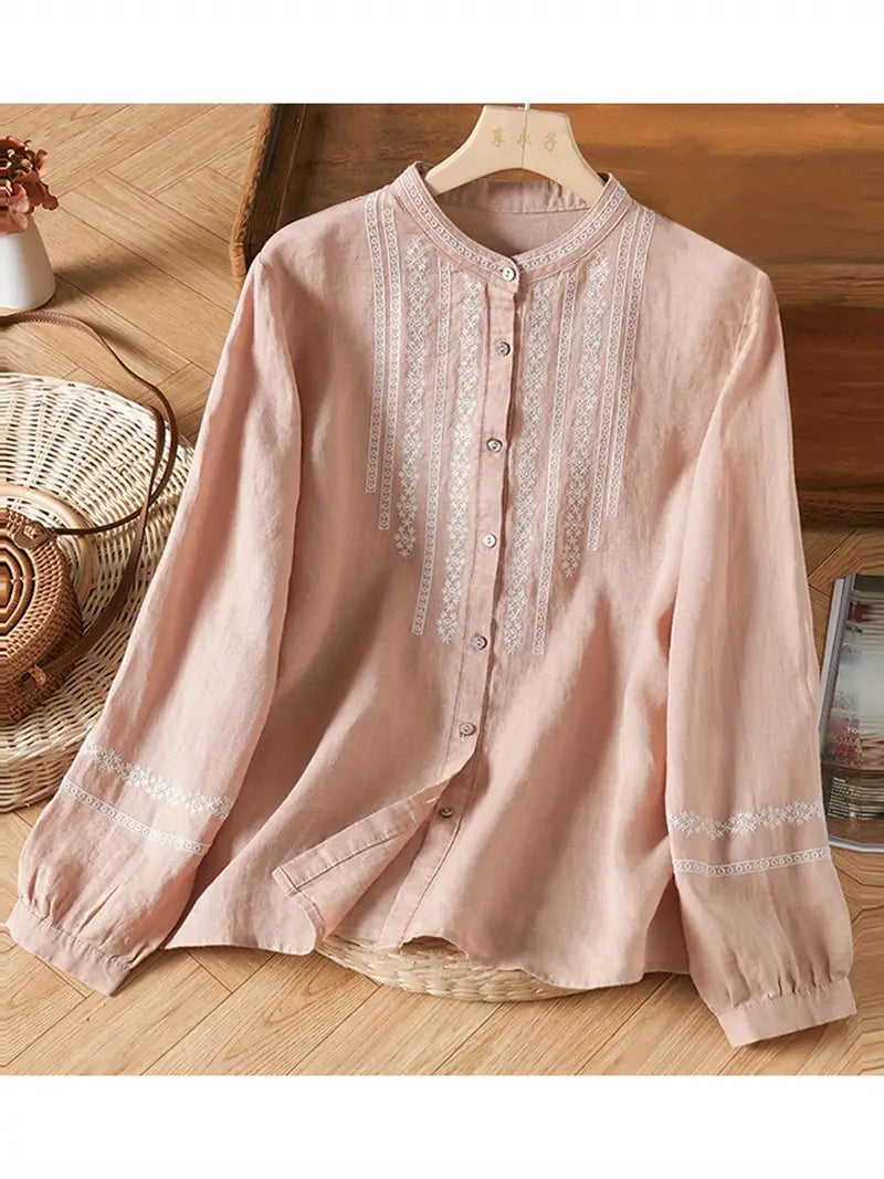Womens Tops Vintage Floral Embroidery Long Sleeve Round Neck Button-Up Shirt Casual Top