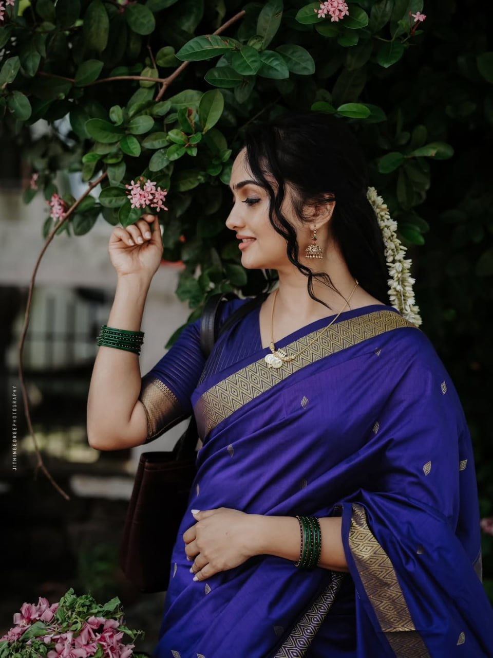 Classic Blue Cotton-Silk Saree with Traditional Golden Border