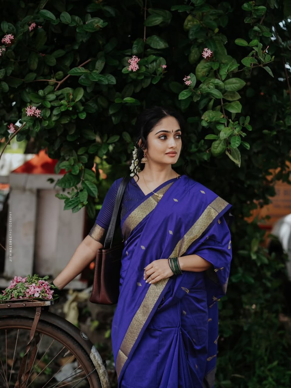 Classic Blue Cotton-Silk Saree with Traditional Golden Border