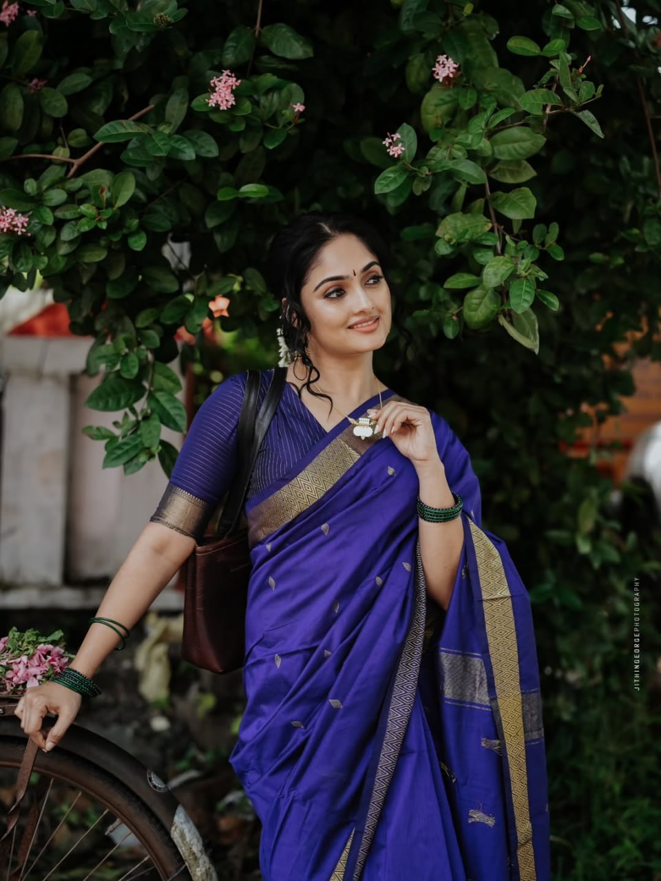 Classic Blue Cotton-Silk Saree with Traditional Golden Border