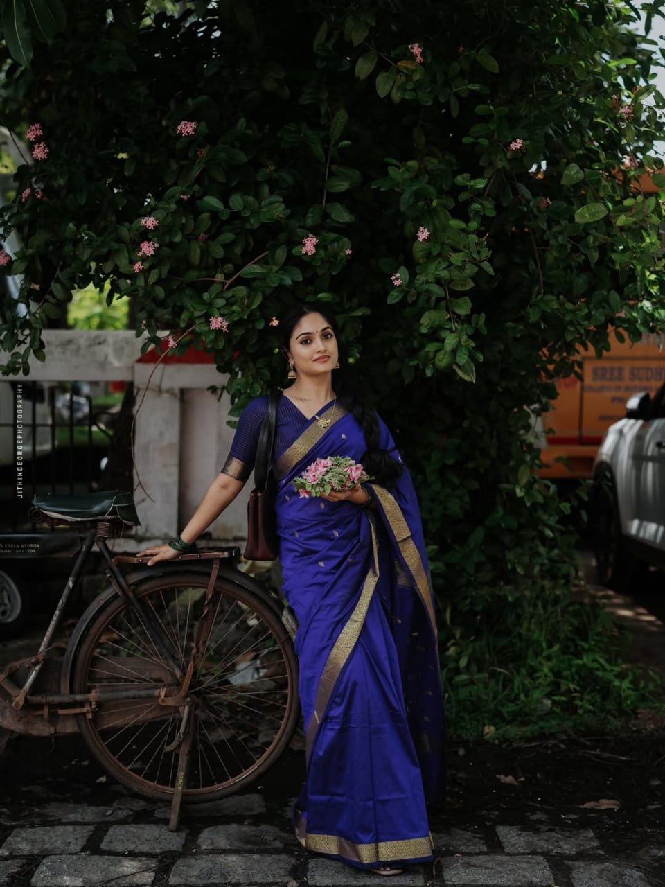 Classic Blue Cotton-Silk Saree with Traditional Golden Border