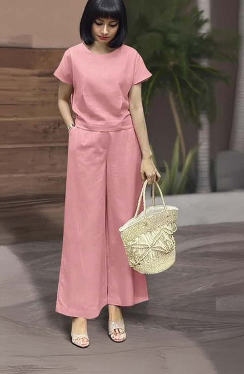WOMEN PLAIN CROP TOP & TROUSERS CO-ORDER SET
