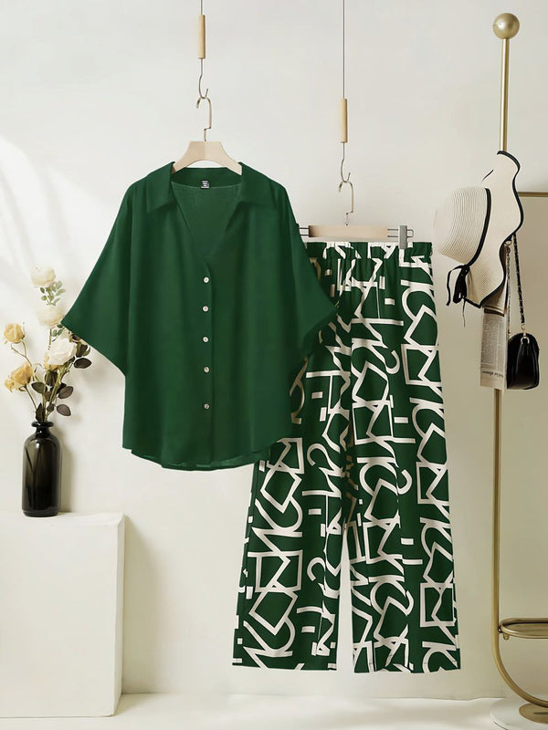 Women Top And Printed Pants Two-Piece Set