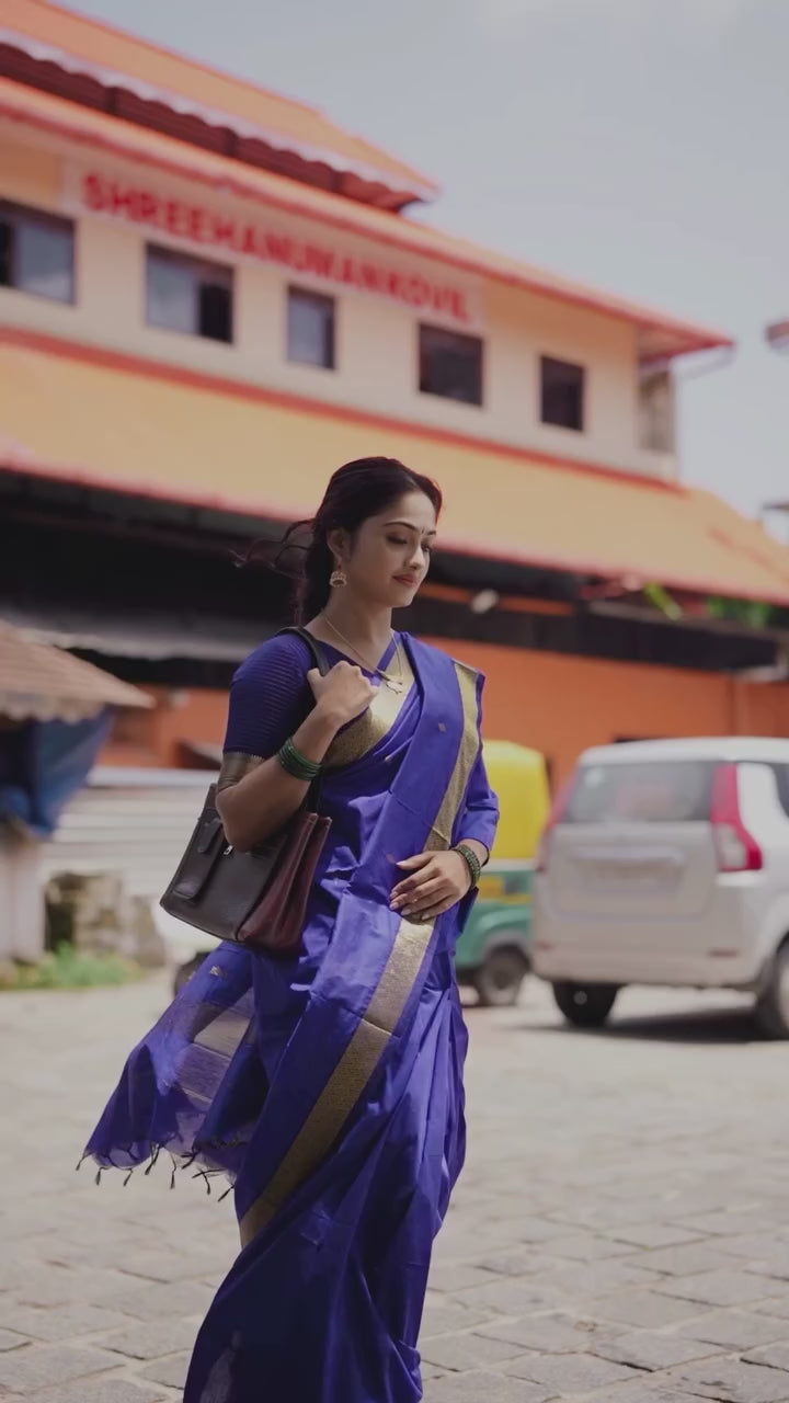 Classic Blue Cotton-Silk Saree with Traditional Golden Border