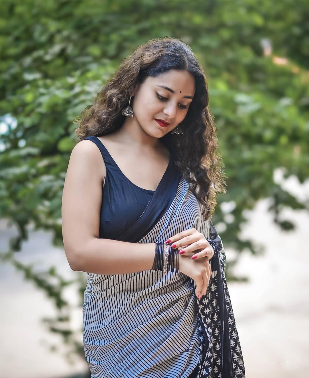 Hand Block Print Striped Black & White Mul Cotton Saree