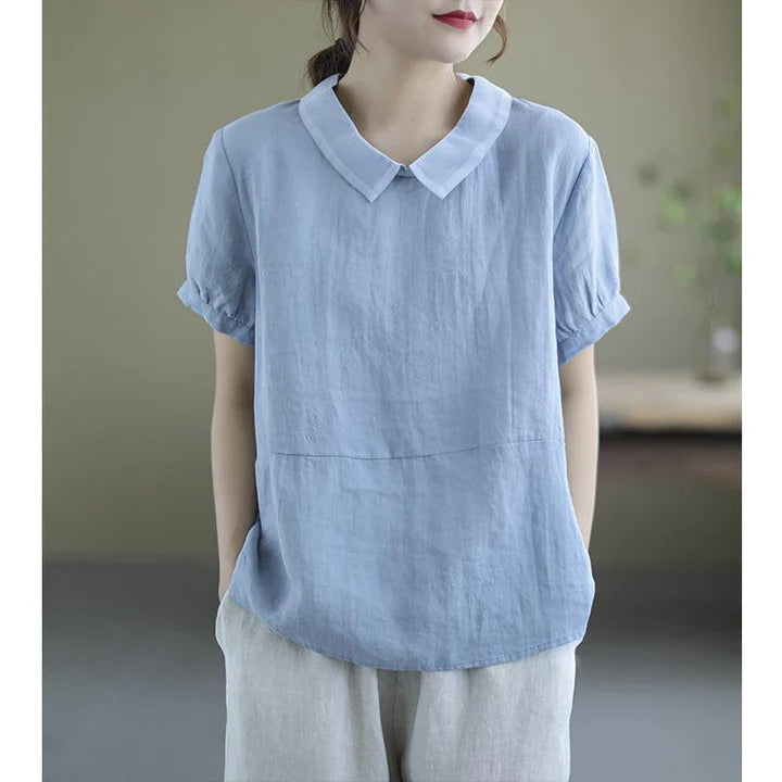 WOMEN SHORT SLEEVE ROUND NECK TOPS SOLID COTTON BUTTON UP SHIRTS TUNIC