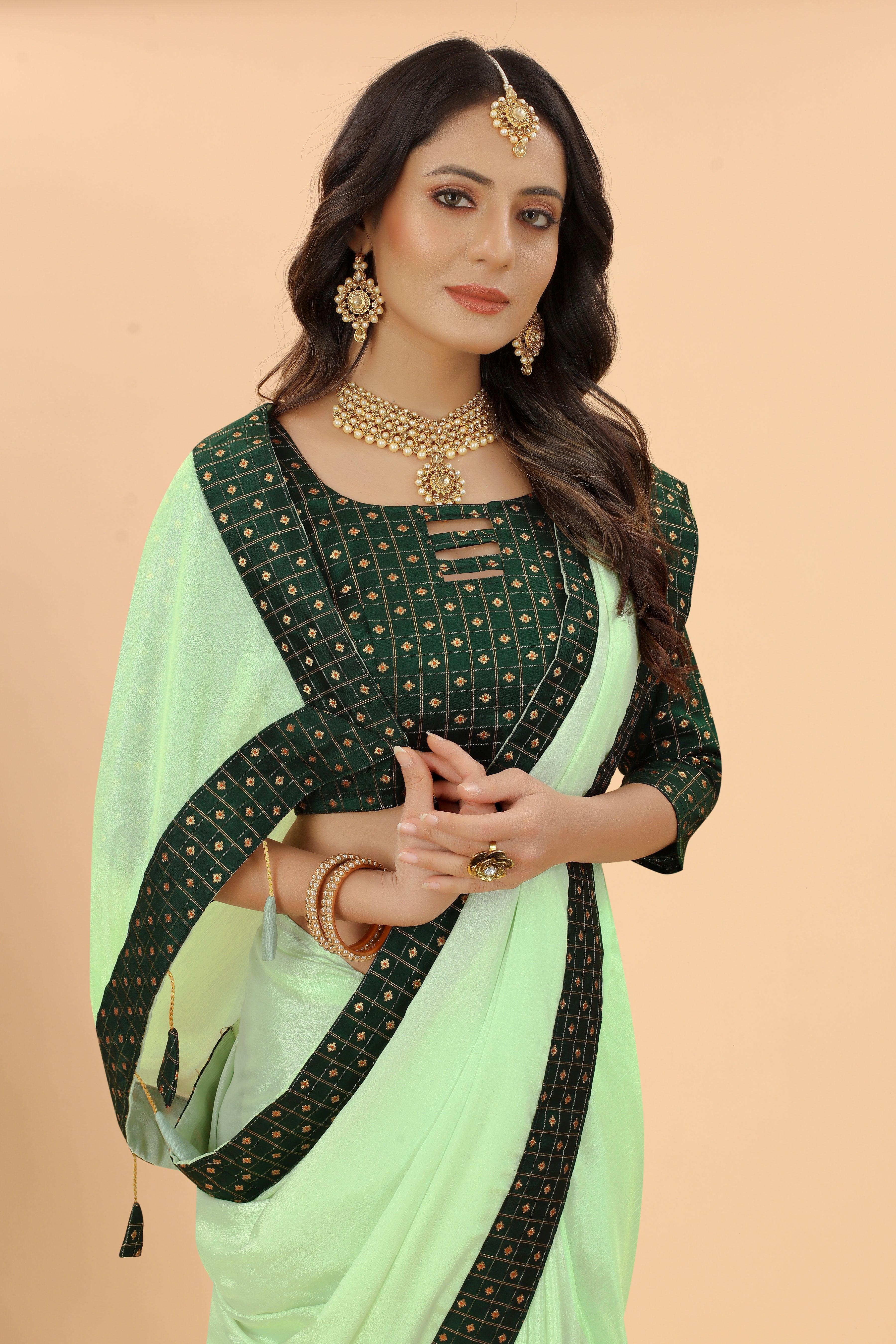 Fern Green Solid Design Chiffon Saree With Designer Blouse